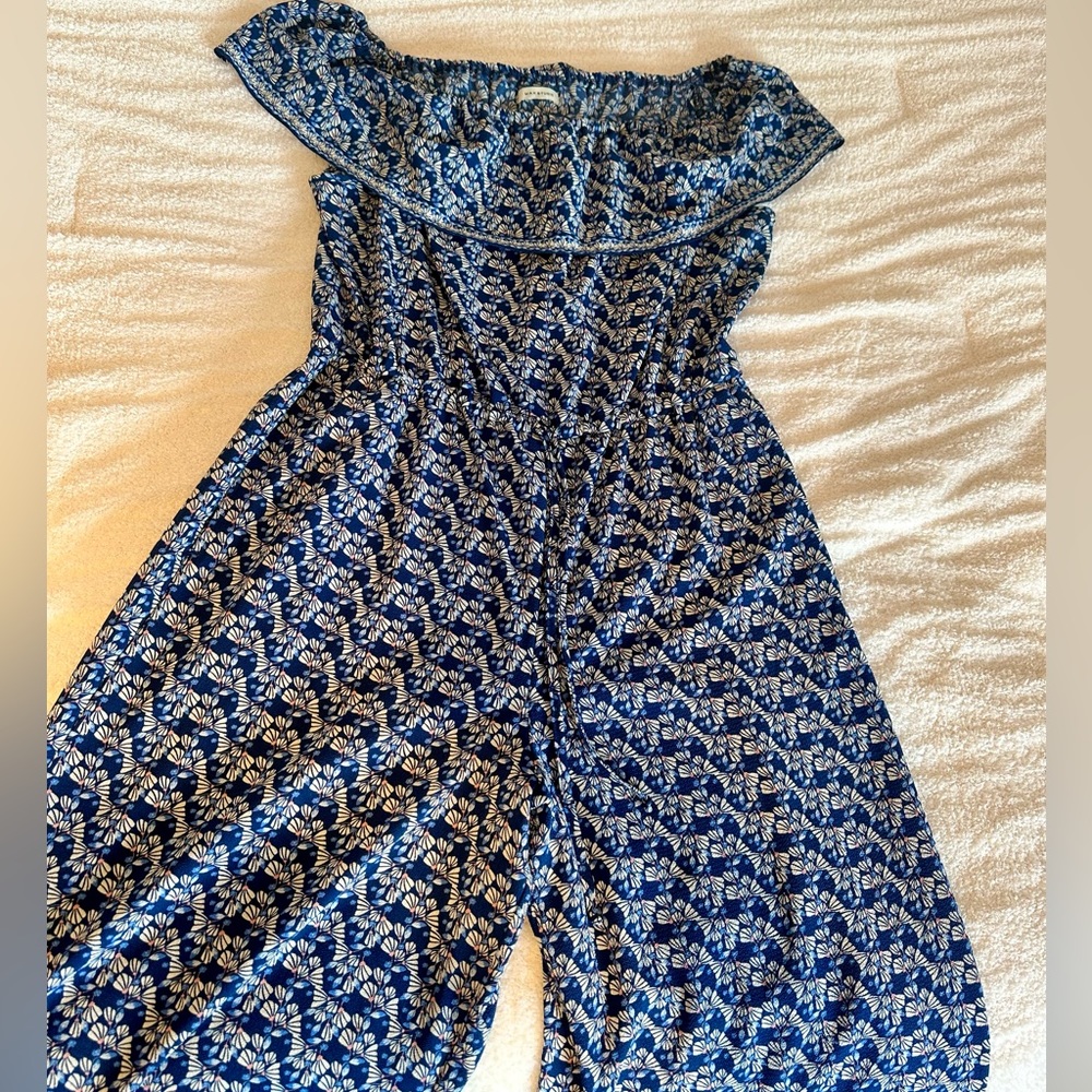 XL Max Studio Off Shoulder Wide Leg Romper Blue Gingko print